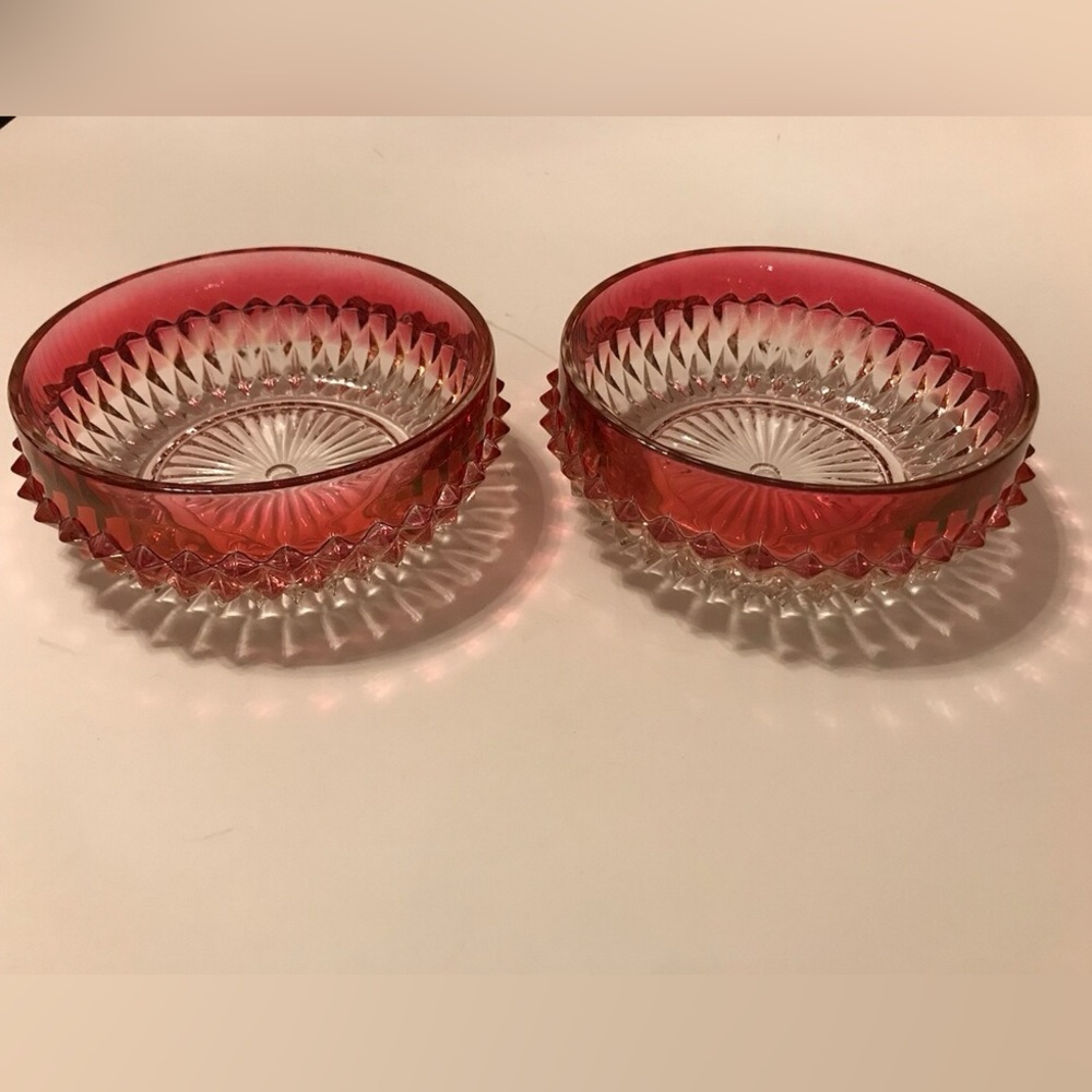 VINTAGE INDIANA GLASS RUBY RED DIAMOND POINT 5” SALAD/CEREAL/DIP BOWLS. Set of 2
